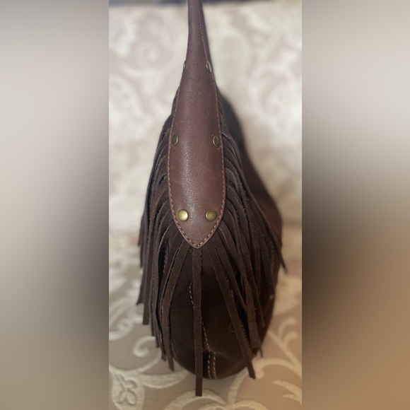 PELLE Studio Brown Genuine Leather Suede Fringe Boho Hobo Shoulder Bag W… - Picture 5 of 14